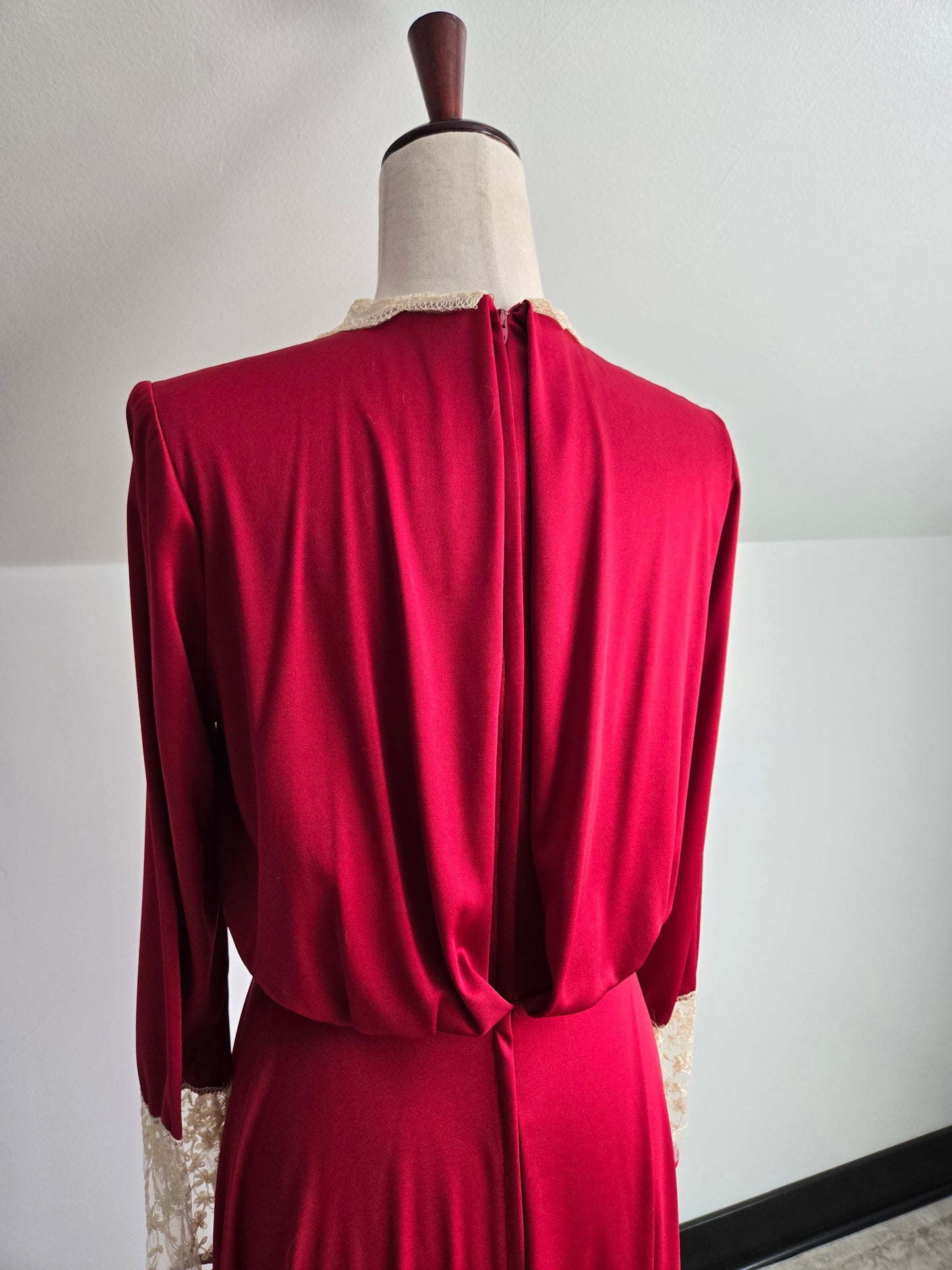 Vintage 1970s Red Slinky Maxi Dress with Shear Lace - Medium