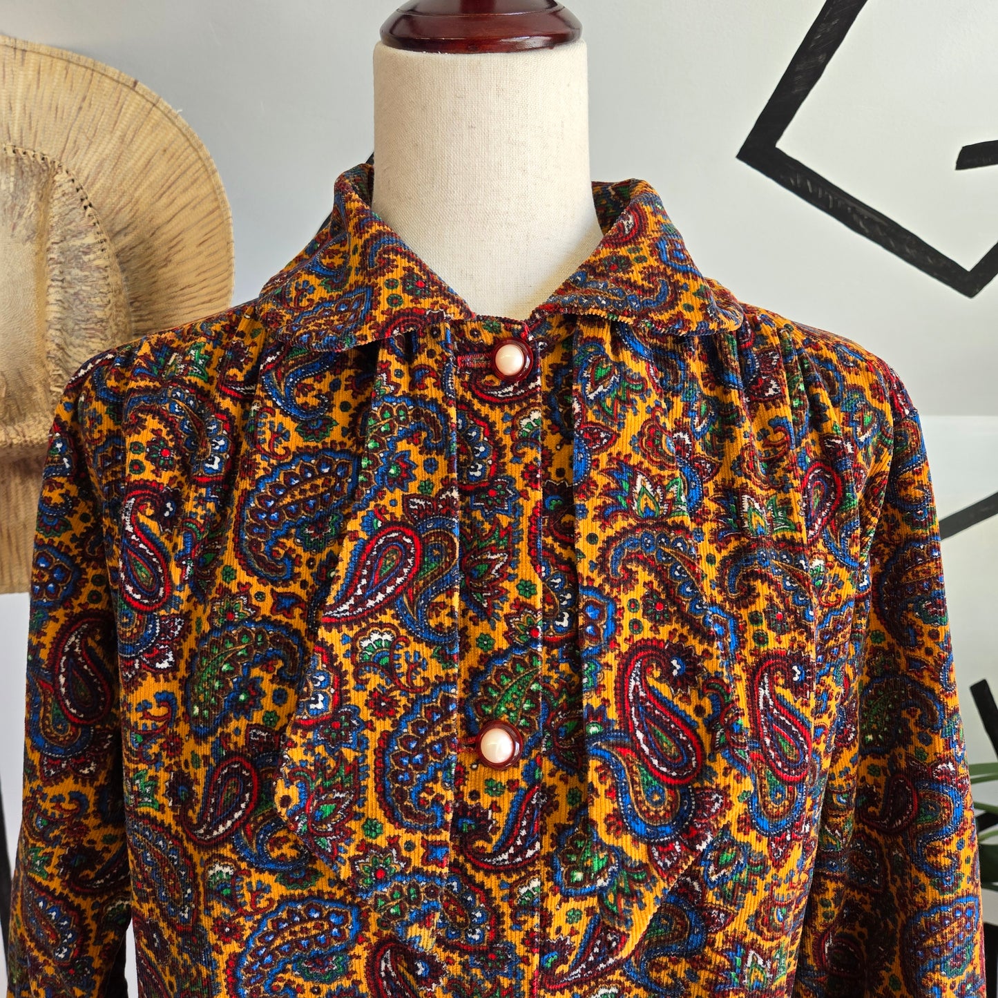 Handmade 60s Paisley Corduroy Button Down Dress with Neck Tie - XL