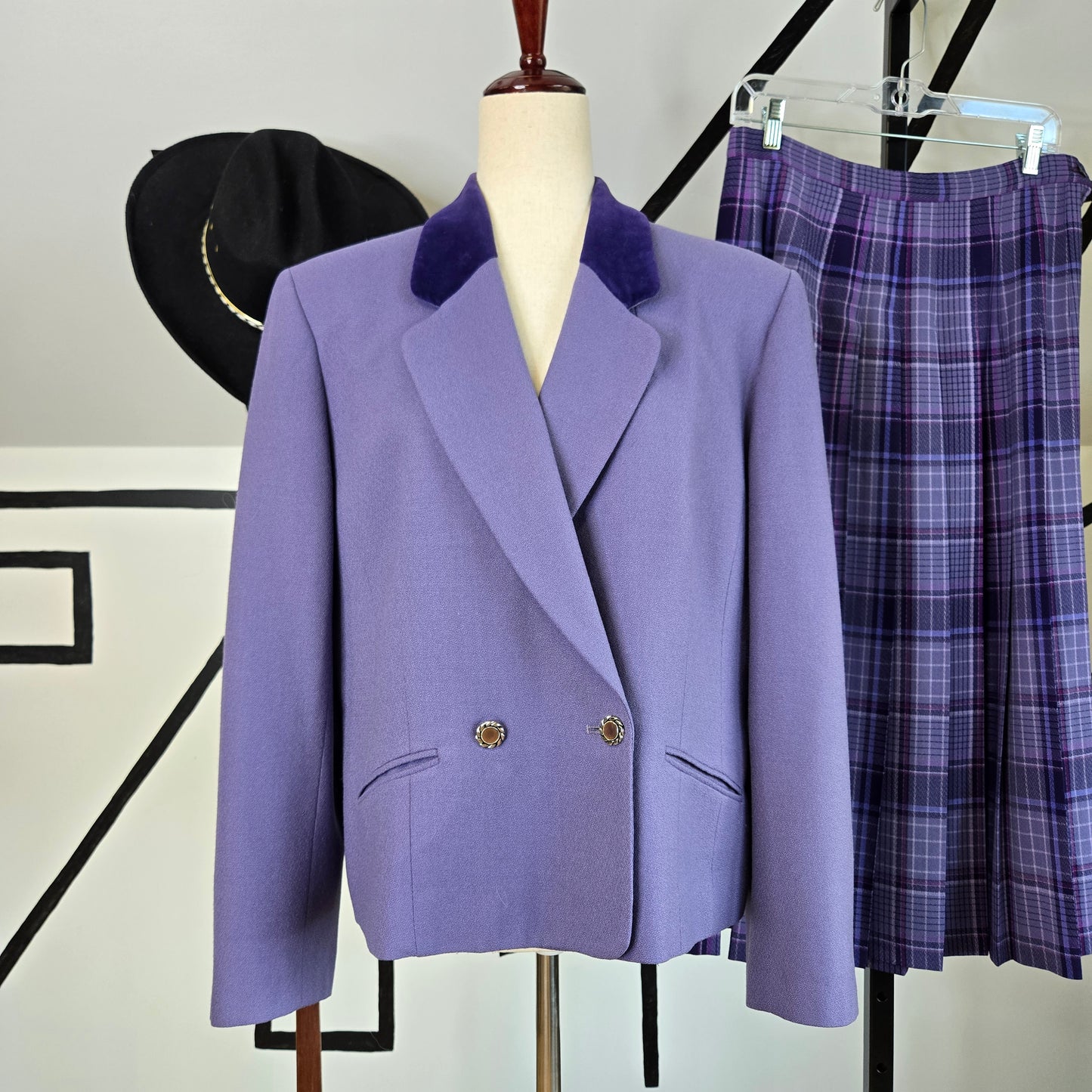 Pendleton Vintage Lavender Wool Blazer and Plaid Pleated Skirt Set - Size 14