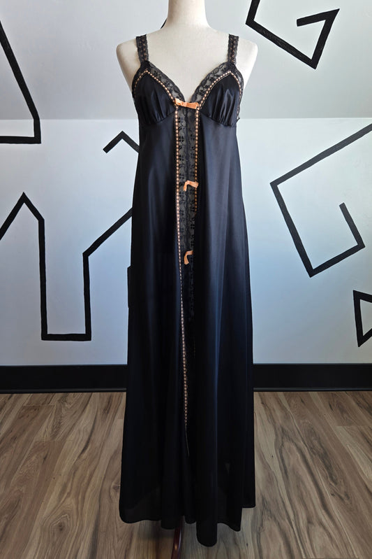 Maidenform Dreamwear Vintage Union Made Black Negligee with Peach Bows - medium