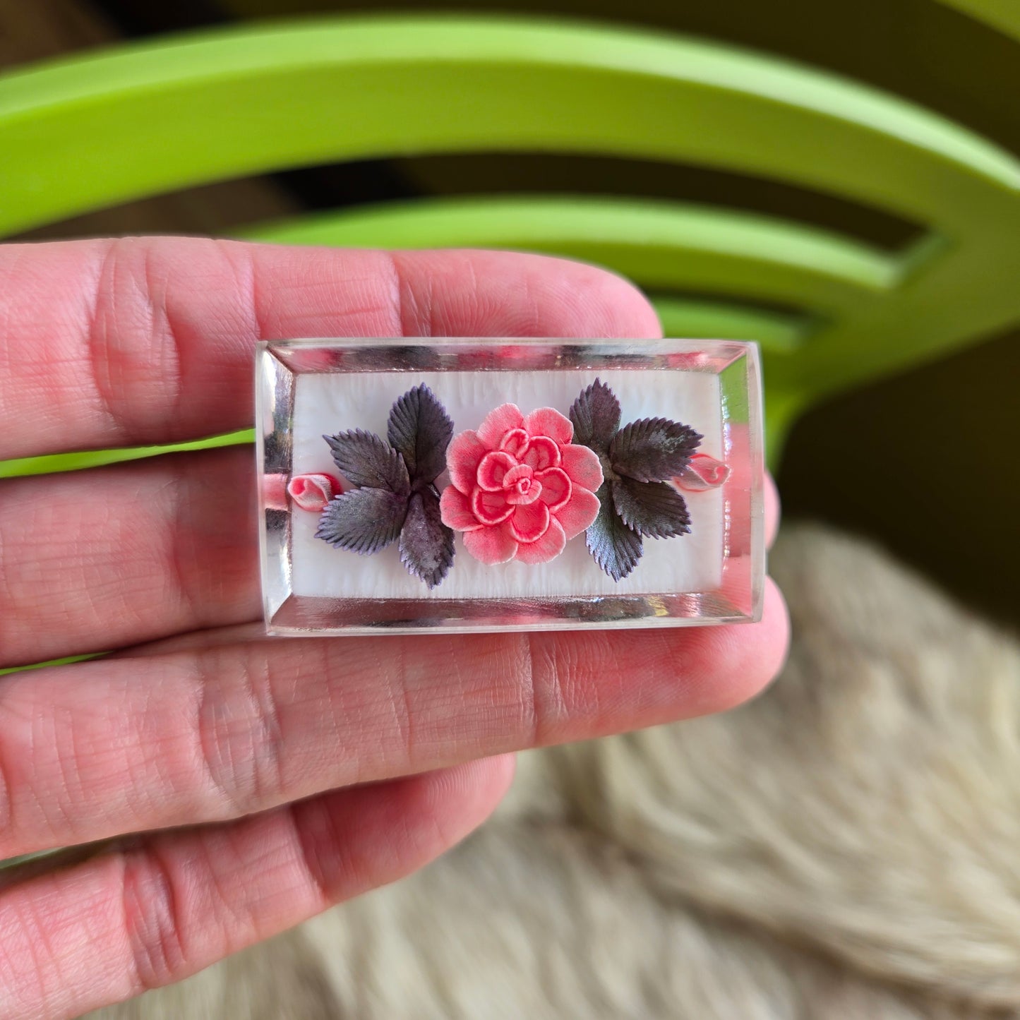 Lucite Encased Floral Vintage Brooch