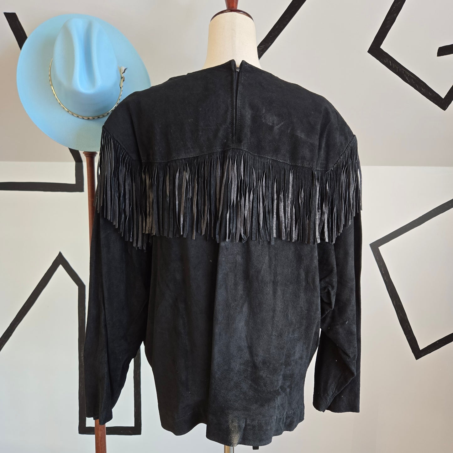 Vintage 90s Black Suede Fringe Top with Blue Gems - 2XL