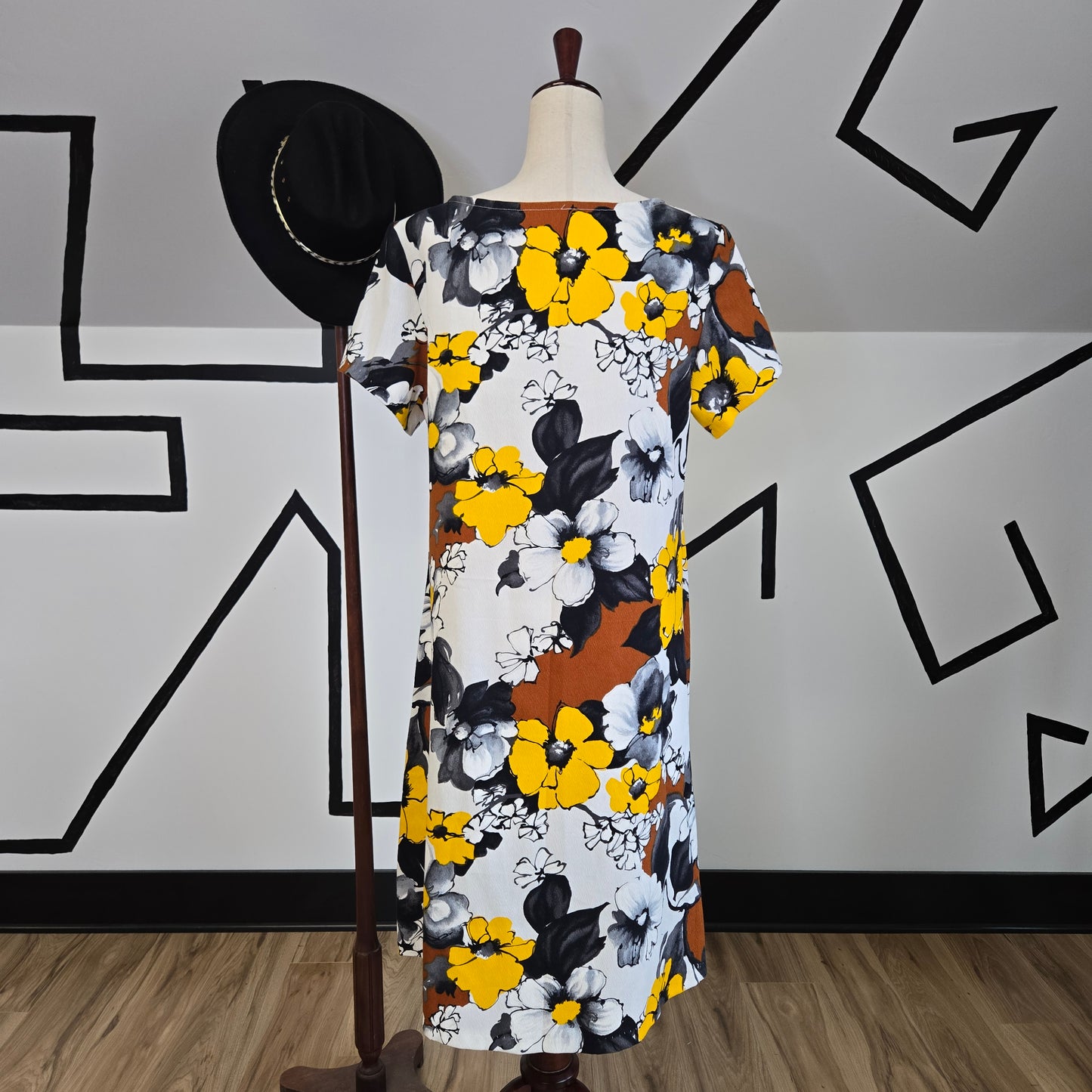 Vintage Barkcloth Yellow, Brown, and Black Flower Power Dress - medium