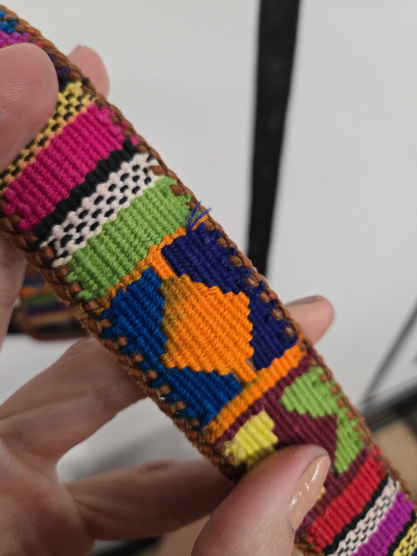 Vintage Leather and Colorful Woven Belt - W32-36"