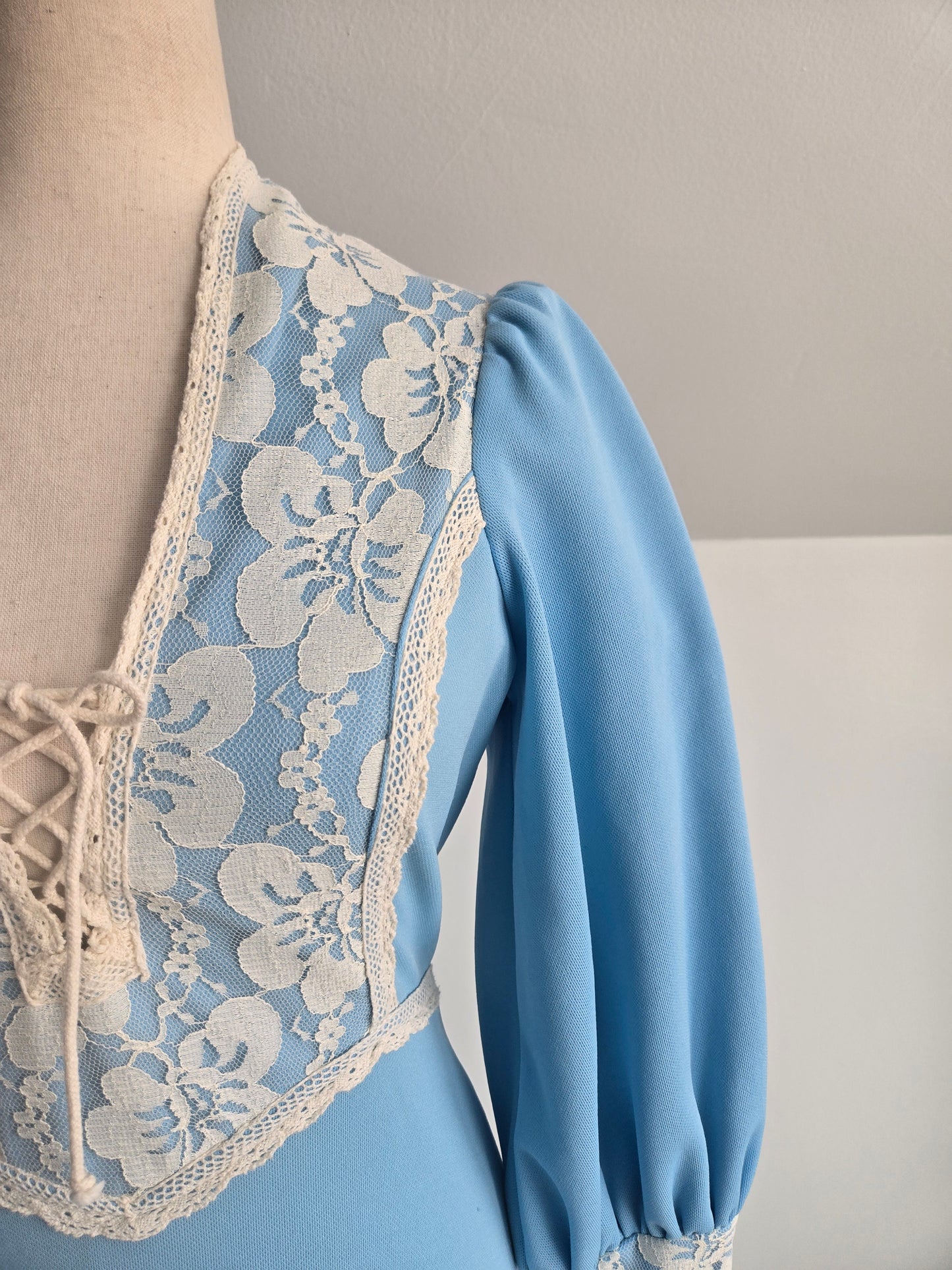 Vintage 1970s Sky Blue Prairie Dress with Floral Lace Details and Corset Top - Small