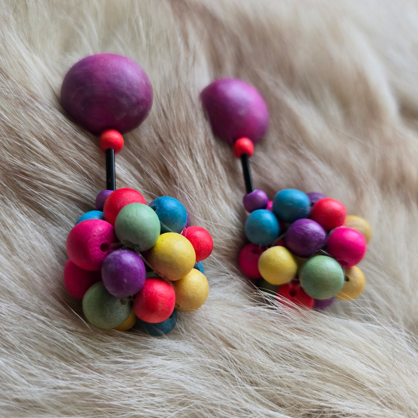 Vintage Wood Rainbow Cluster Drop Earrings - Post Back