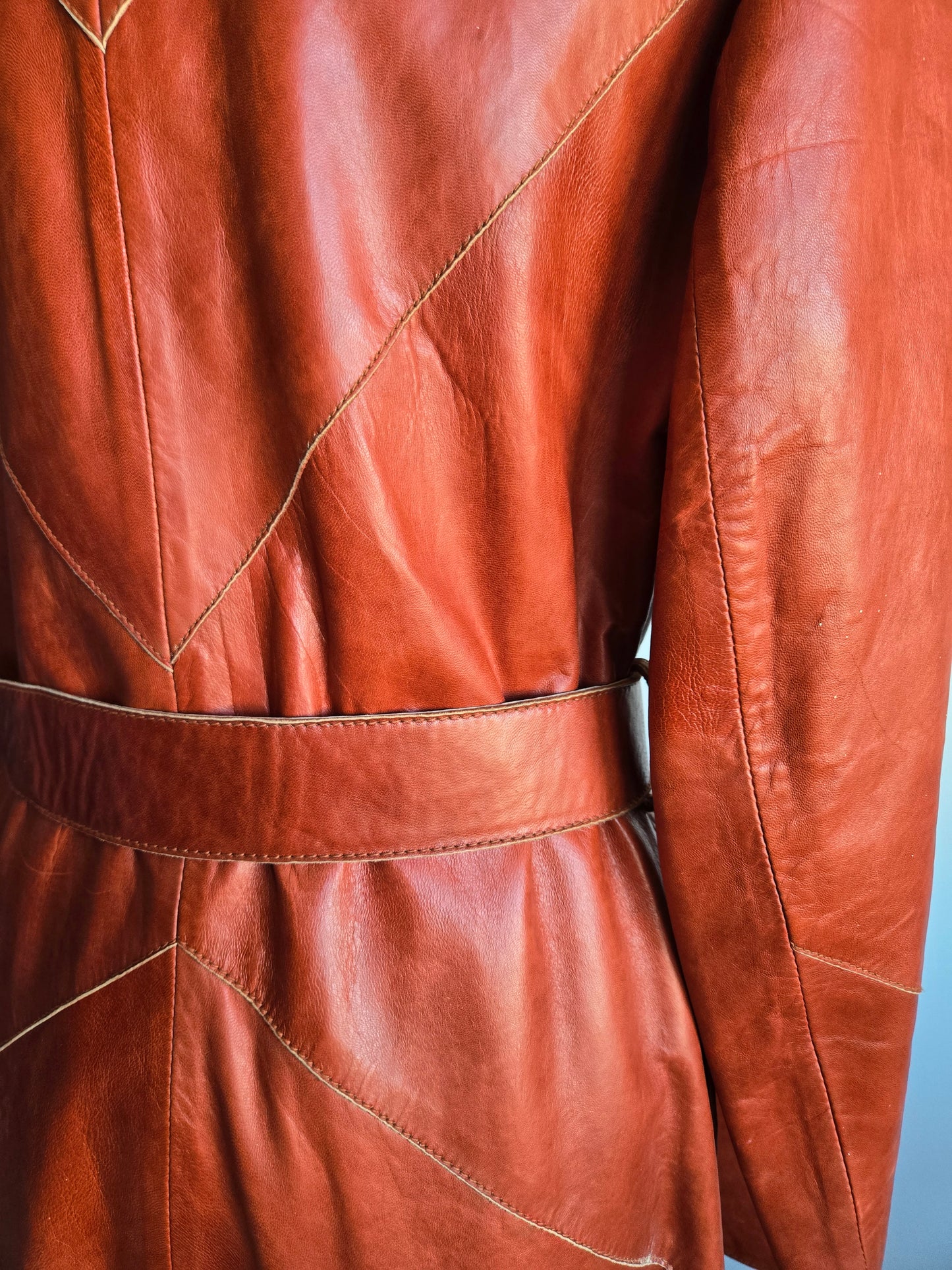 Napa Y Ante Skin Gear 1970s Patchwork Brown Leather Trench with Coyote Fur - Medium