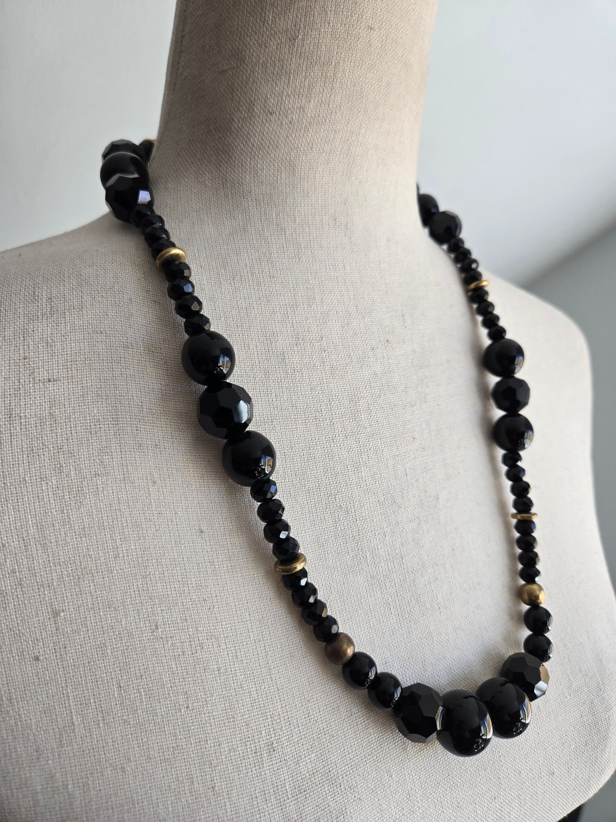 Vintage Large Black Glass Bead Necklace