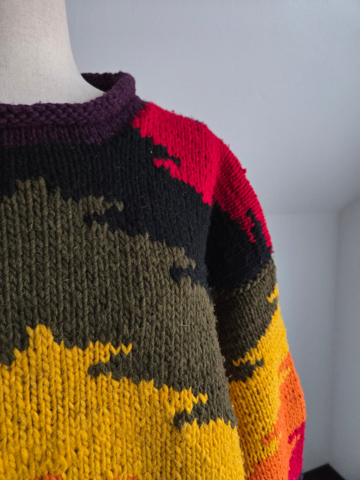 Otavalo Hand Knit Wool Rainbow Tree Native American for Outdoor Men Sweater - Large