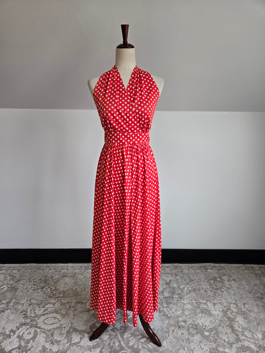 1960s Nylon Red and White Polka Dot Halter Dress - XS
