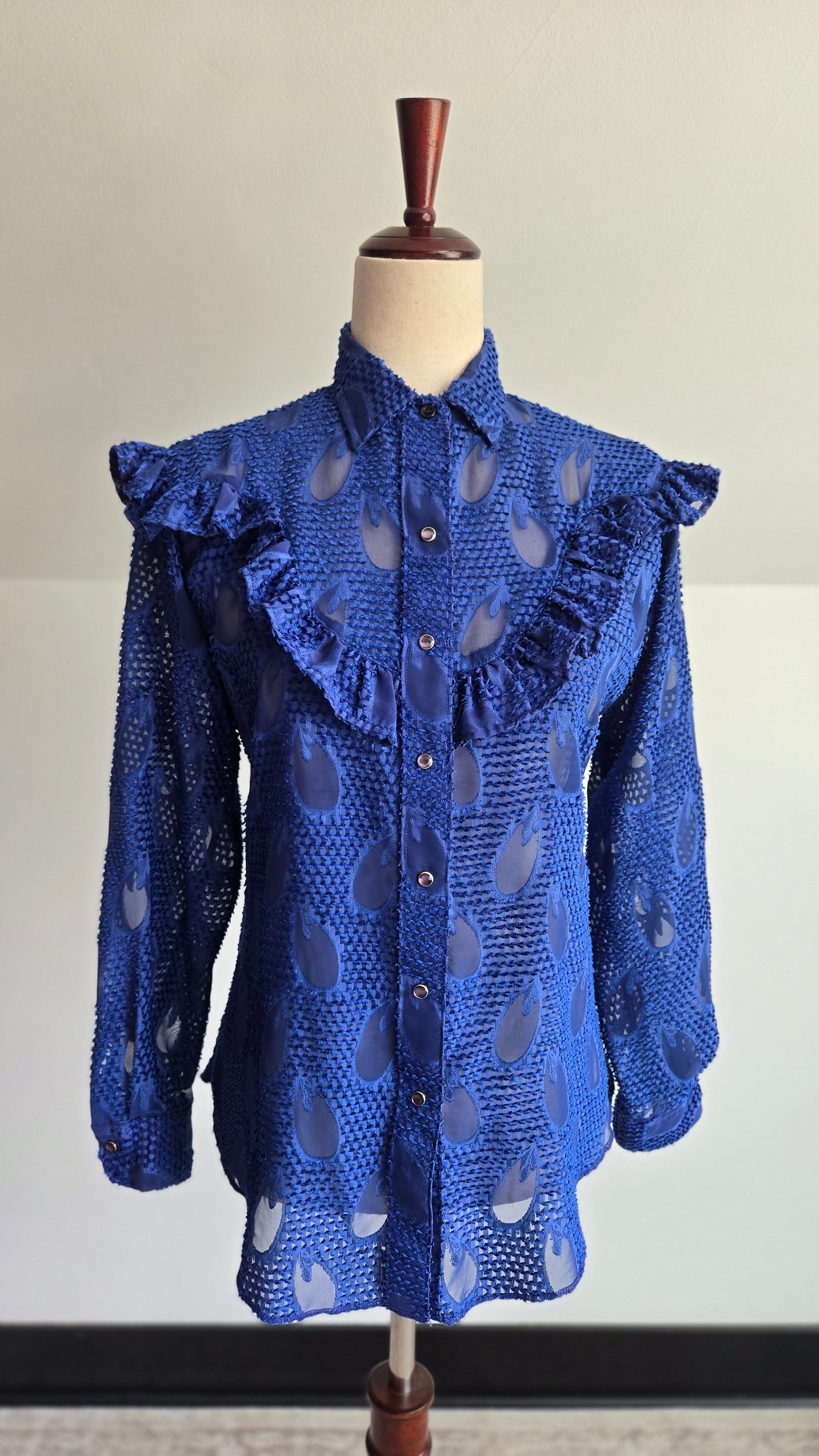 Miss Rodeo America Vintage Blue Shear Blouse with Ruffle - Small