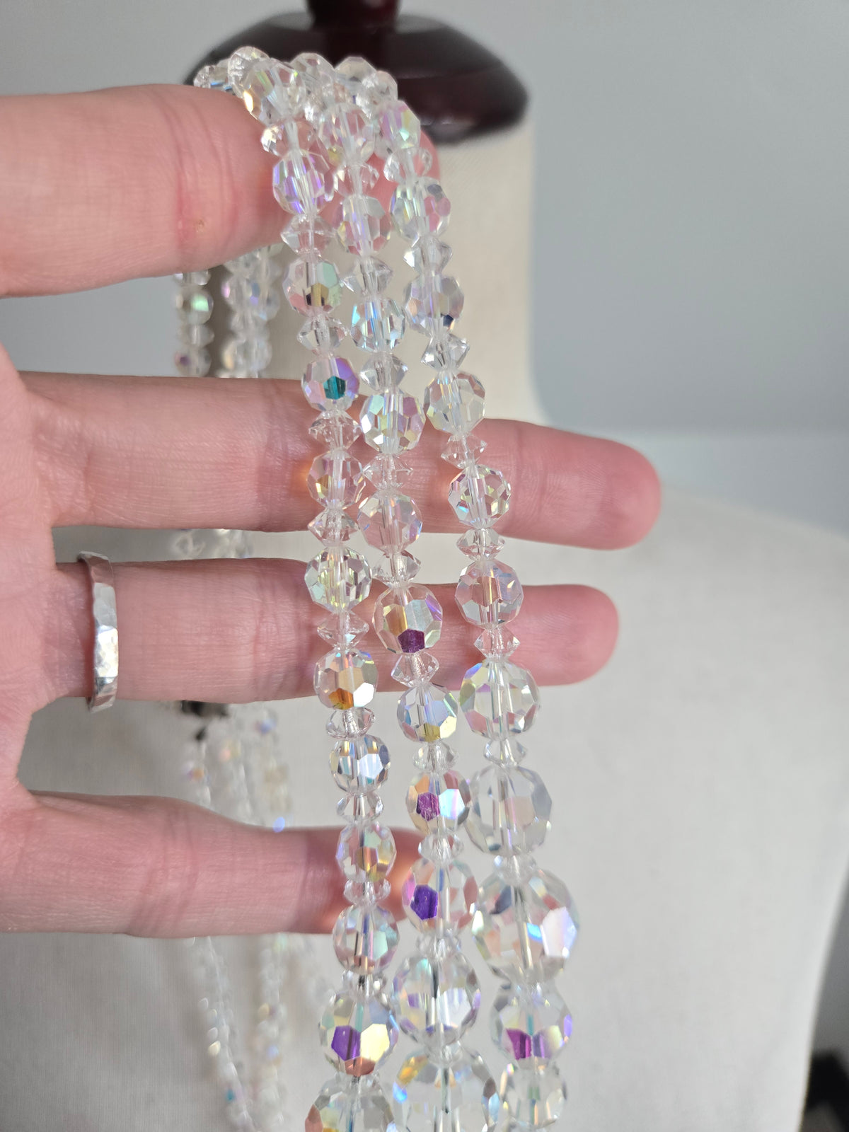 Vintage Three Strand AB Glass Crystal Necklace