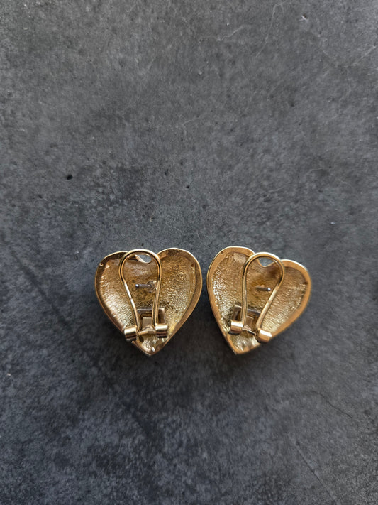 Vintage Matte Gold Heart and Rhinestone Earrings - Pierced