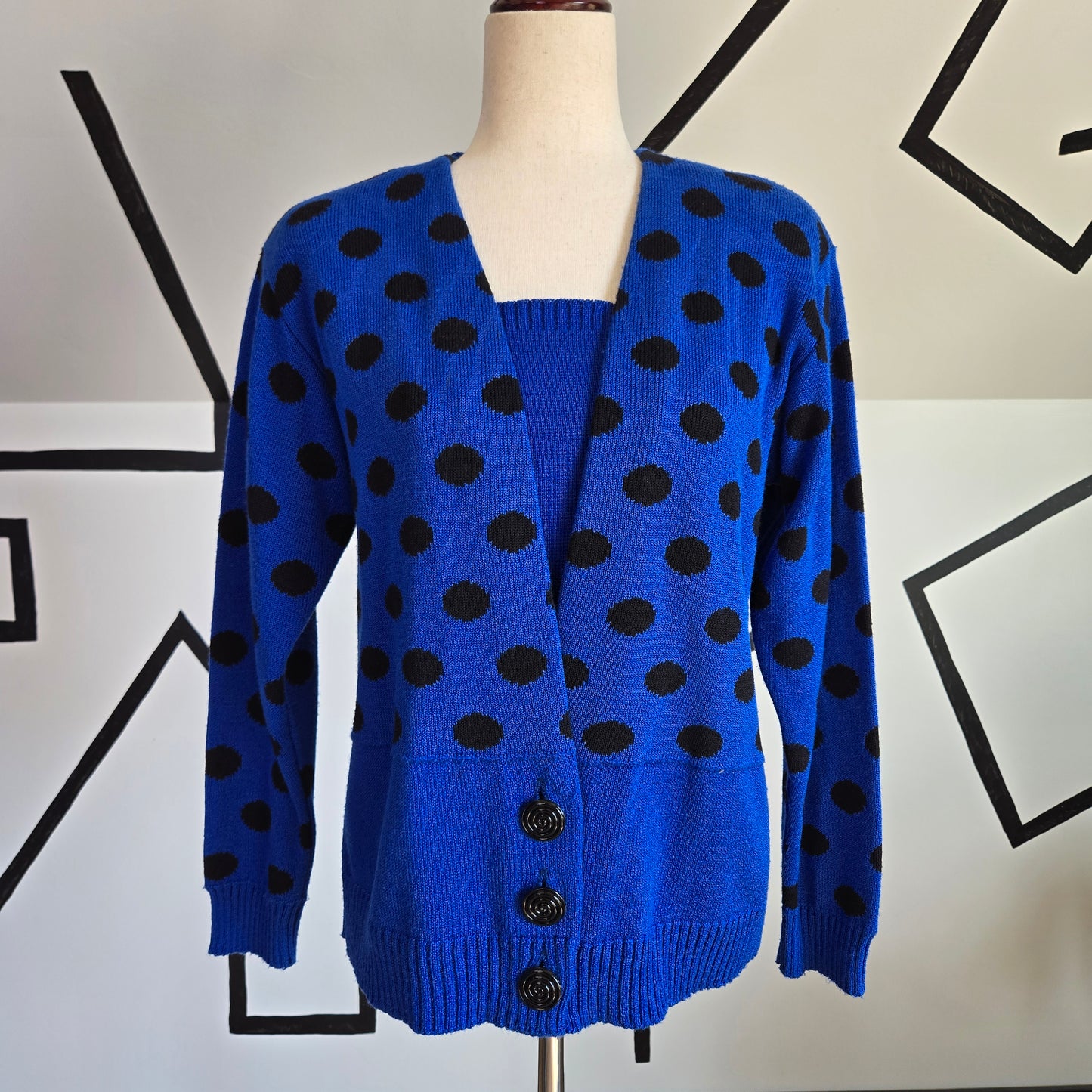 Neiman Marcus Vintage 1980s Ami Knits Blue and Black Polka Dot Two Piece Set - 10