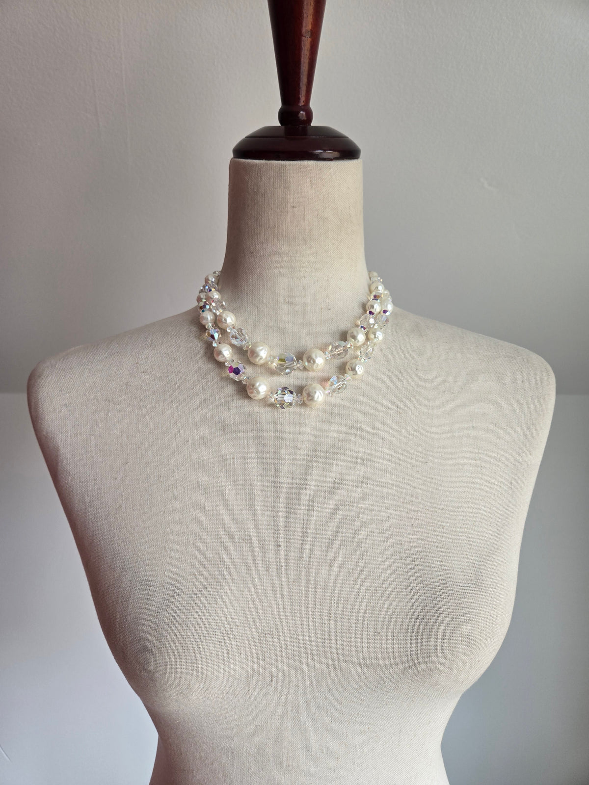 Vintage AB Crystal and Pearl Two-Strand Necklace