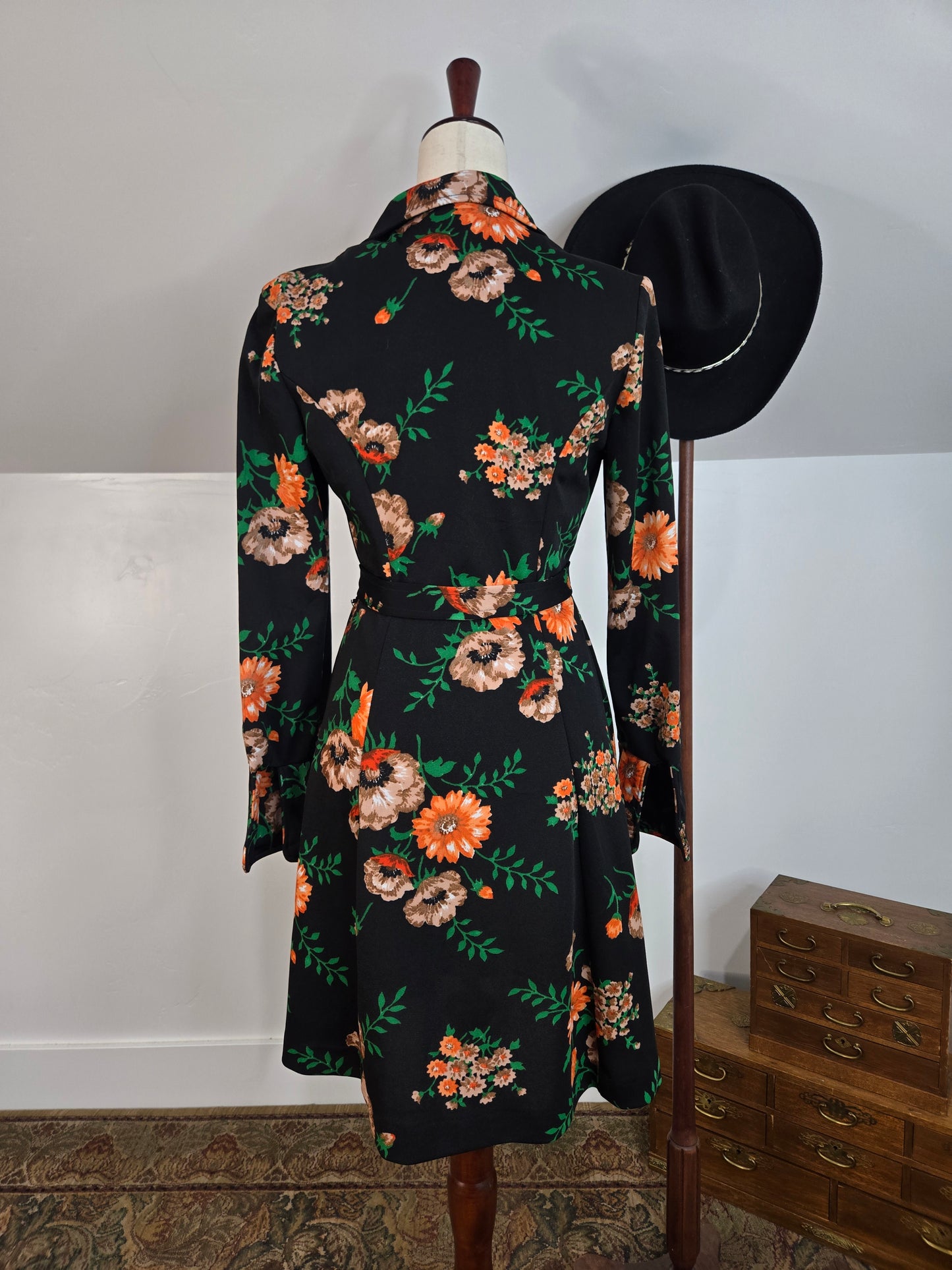 Vintage 70s Black Floral Union Made Mini Dress - medium