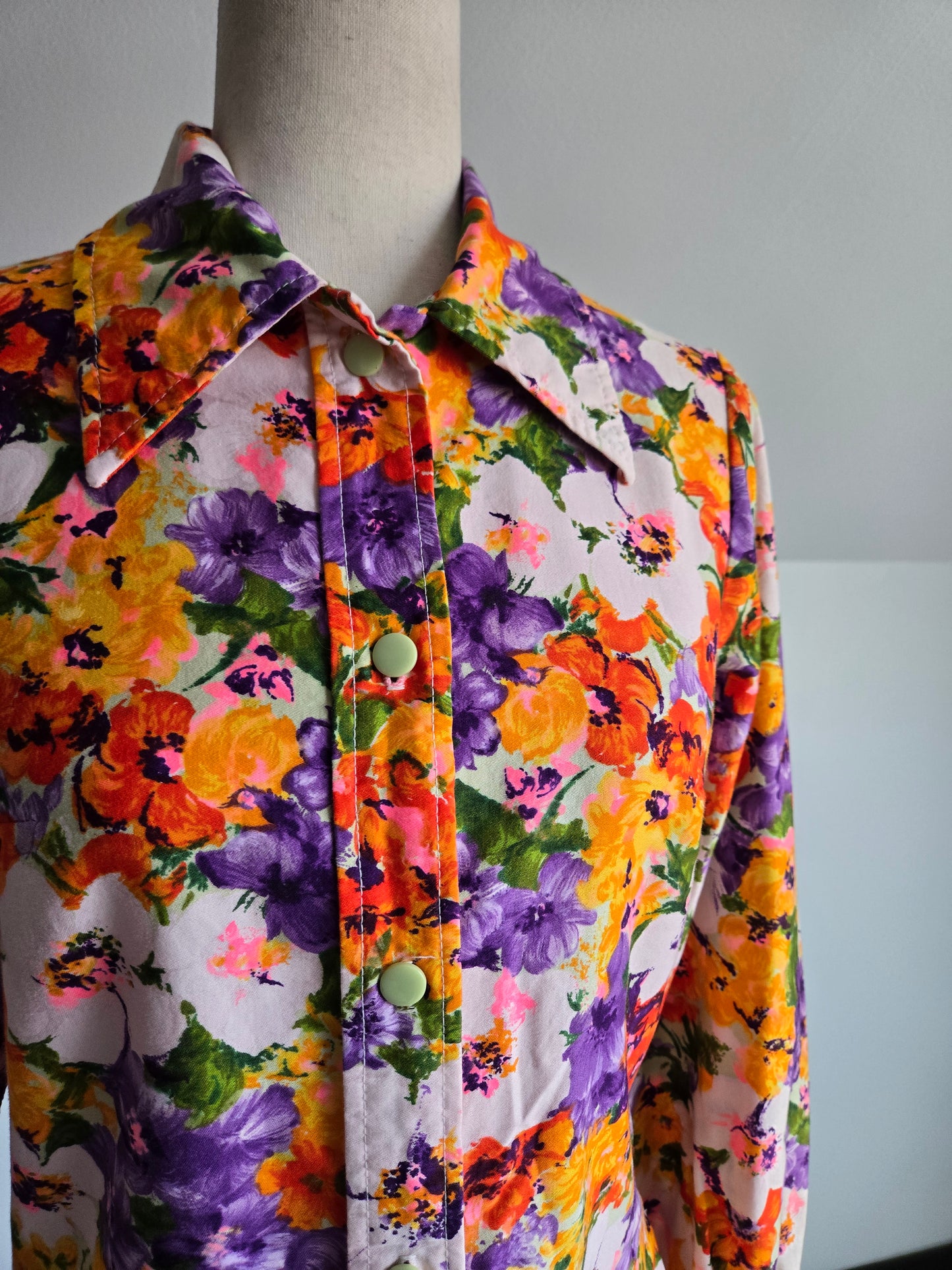 Val Lanne Vintage 70s Dayglo Cotton Floral Top - Small