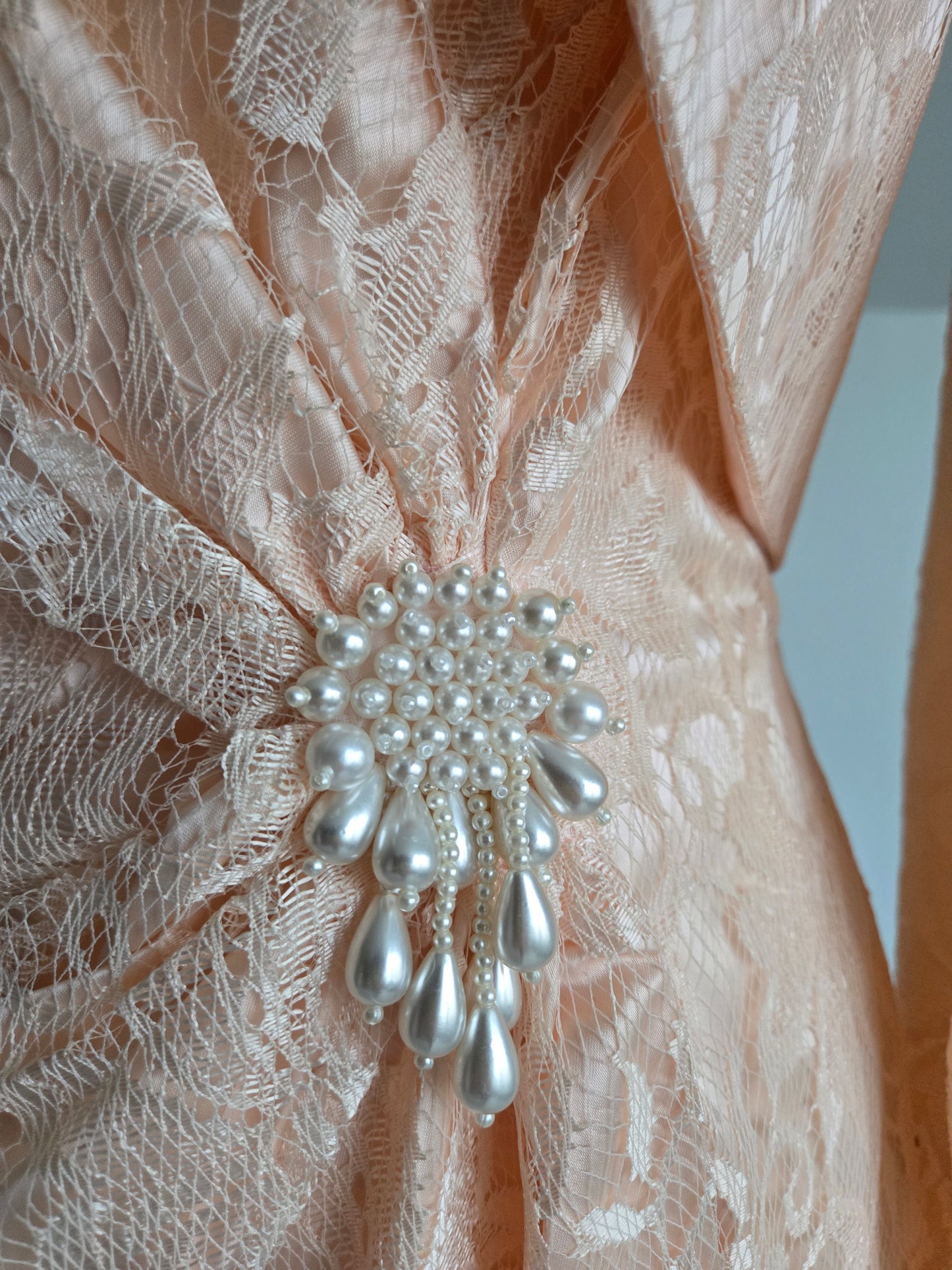 New Leaf Vintage 80s Peach Lace Dress and Pearl Bolero - Small