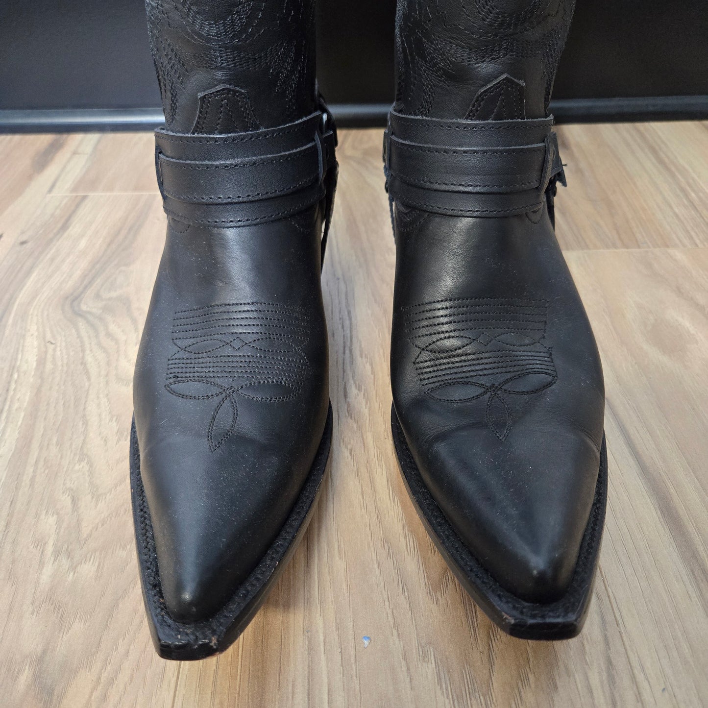 San Pedro Black Leather Western Boots with Ankle Strap