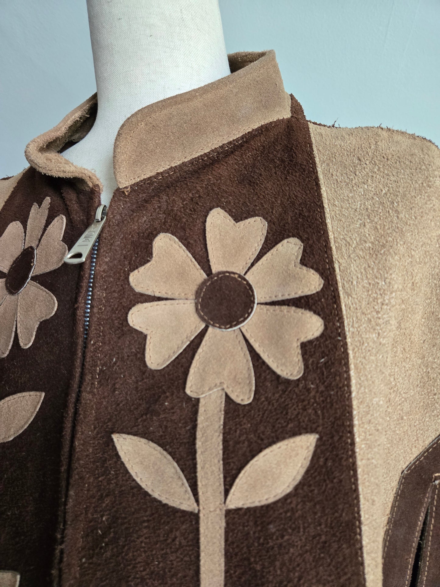 Vintage 1970s Patchwork Flowers Suede Leather Poncho - Small