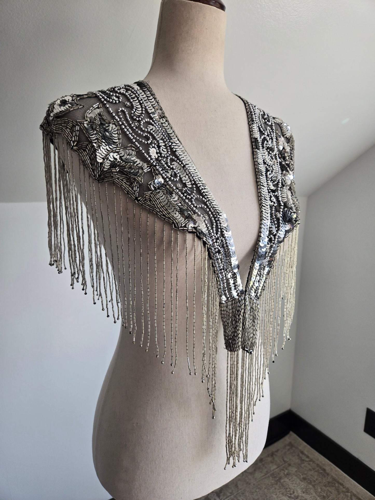 Western Black and Silver Beaded and Sequin Shawl - OS