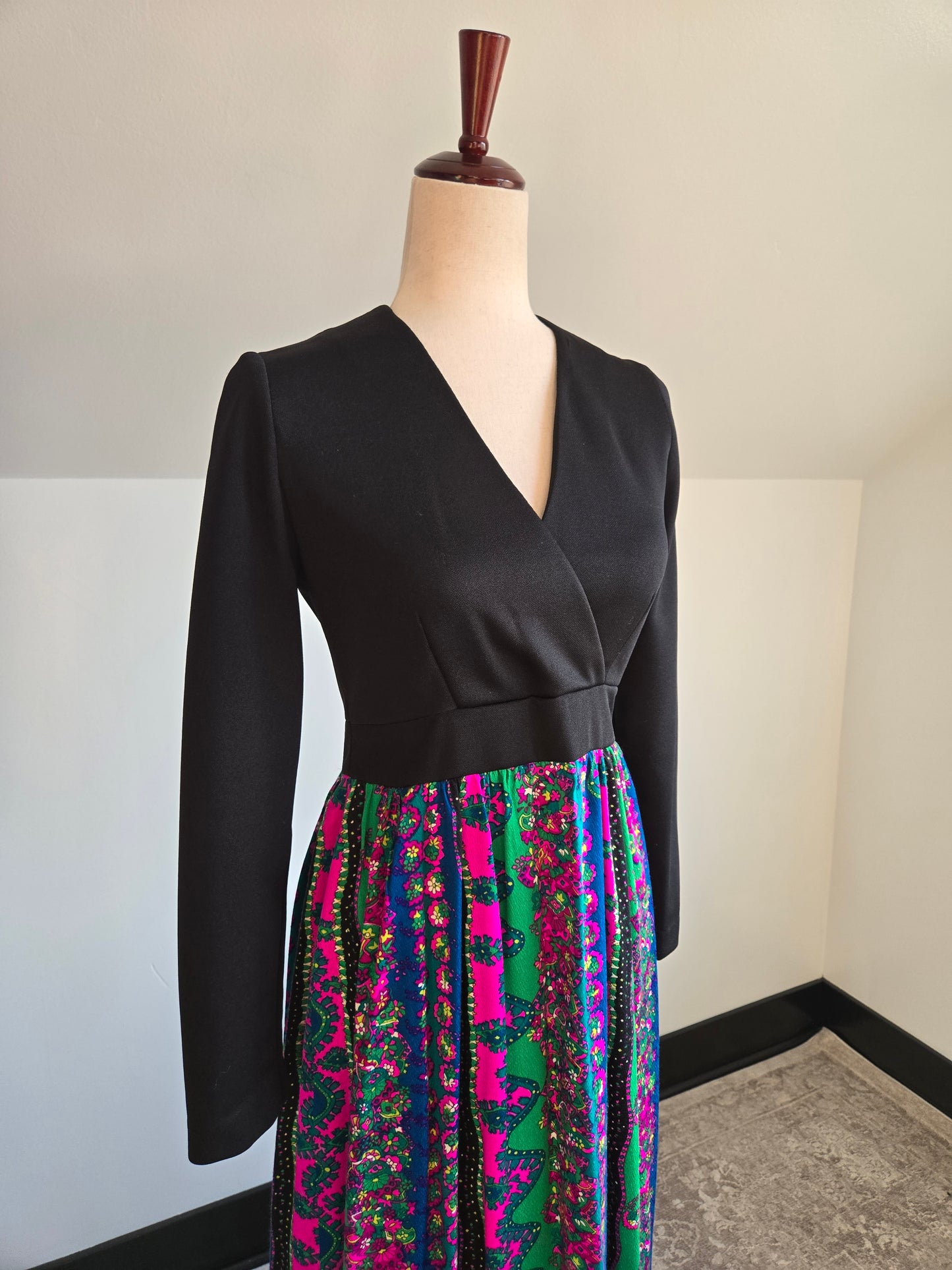 Vintage 70s Black Maxi Dress with Barkcloth Skirt - small