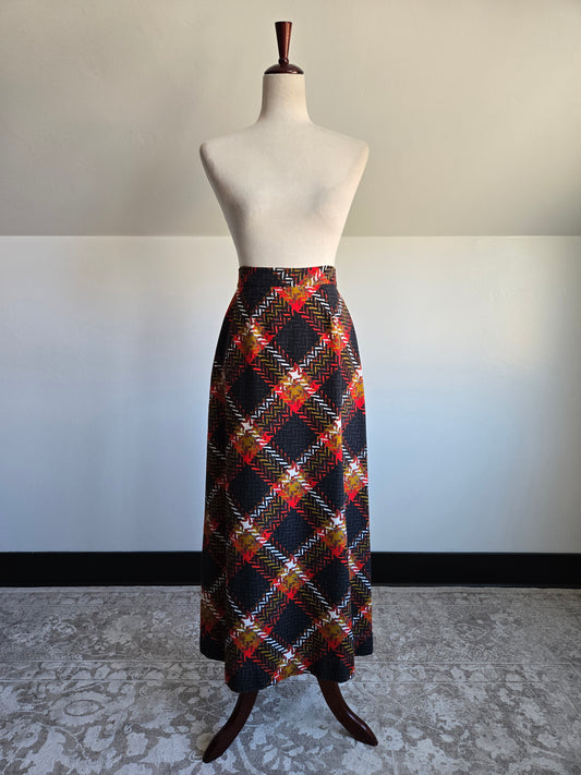Vintage 60s Hand Made Barkcloth Bias Cut Plaid A Line Skirt - W25