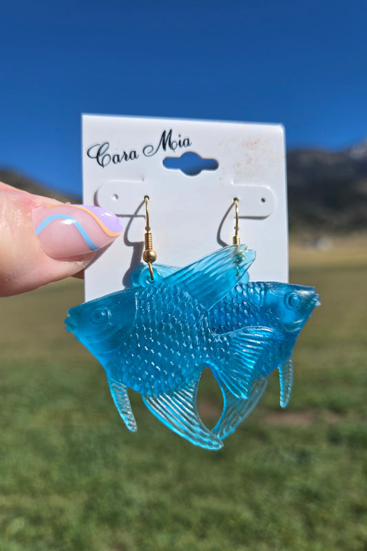Deadstock Cara Mia Blue Rubber Small Tropical Fish Earrings