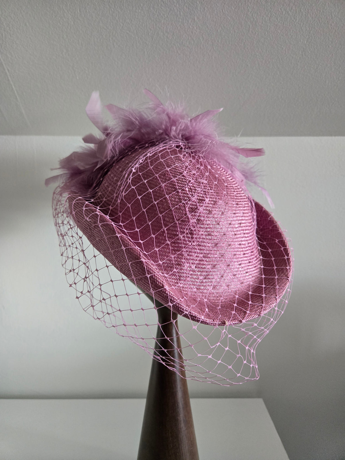 Vintage Lavender Fascinator with Mesh and Feathers