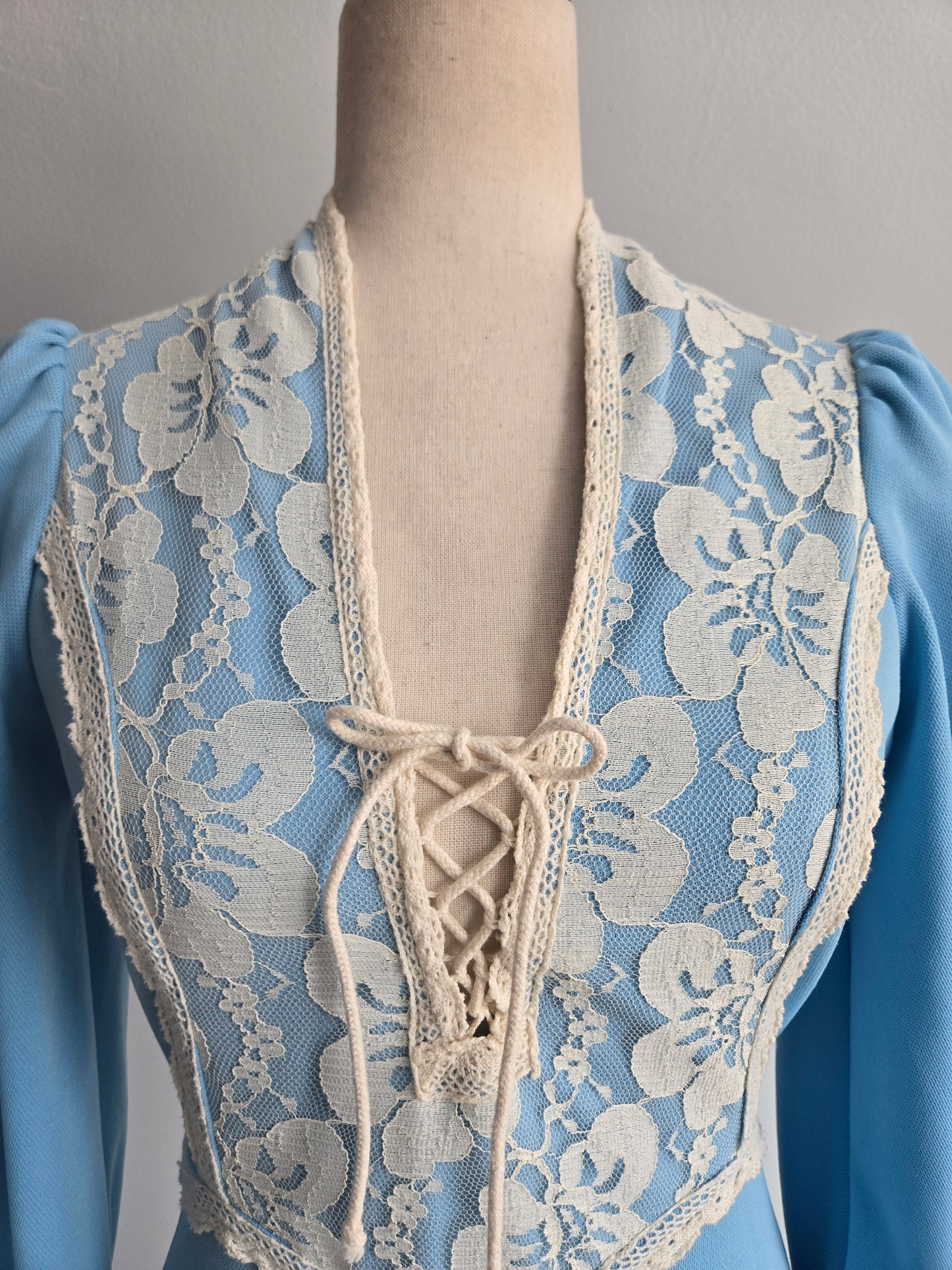 Vintage 1970s Sky Blue Prairie Dress with Floral Lace Details and Corset Top - Small
