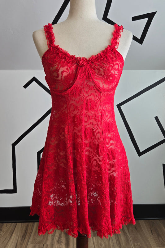 Inner Most Vintage Red Lace Shear Dress with Boning in Bust - medium