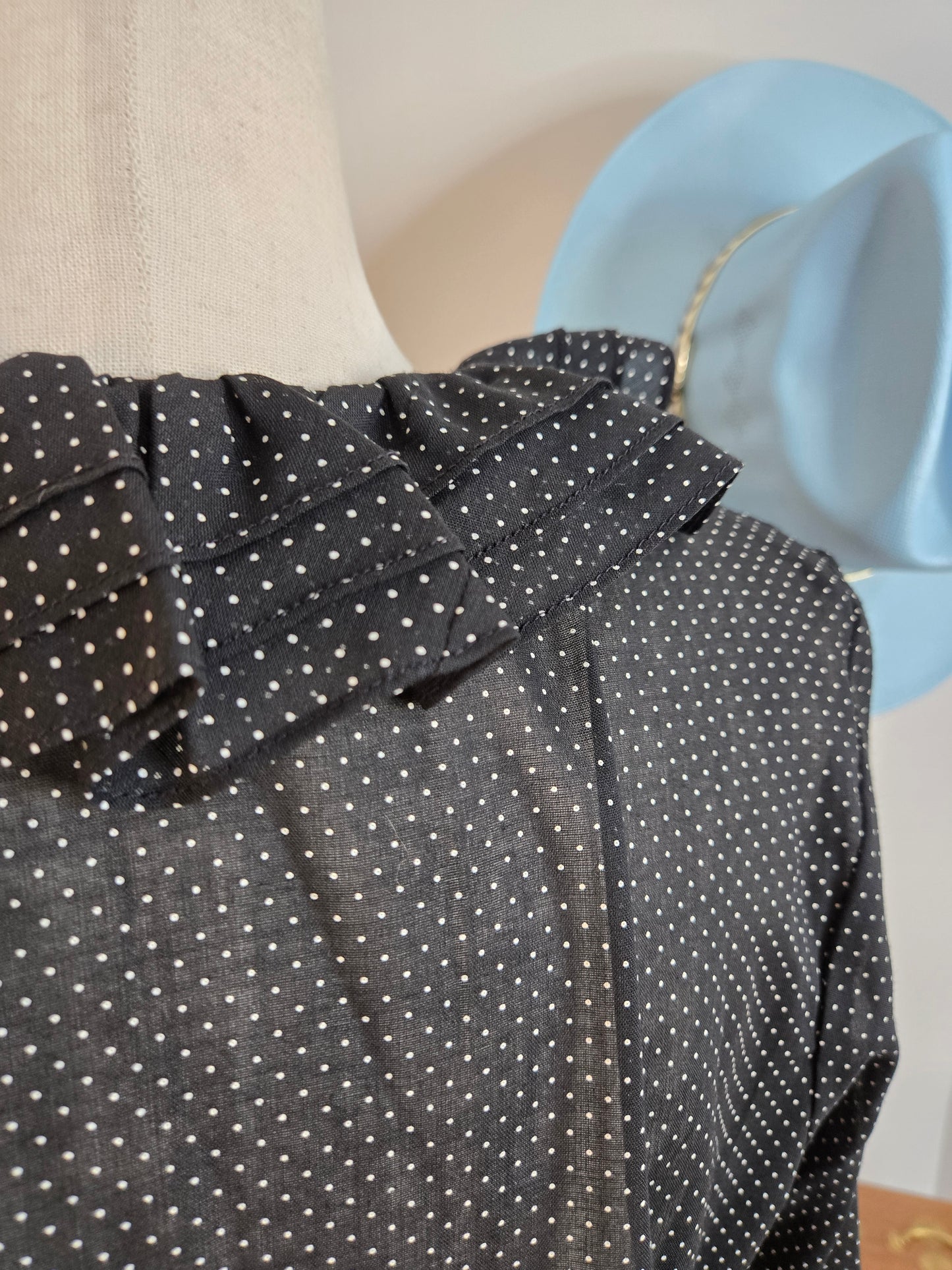 Na'Ma of California 70s Black Tiny Polka Dot Ruffle Top - medium