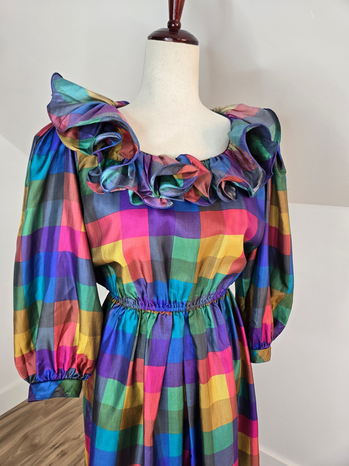 Donna Morgan Vintage 1980s Rainbow Plaid Ruffle Collar Dress - medium