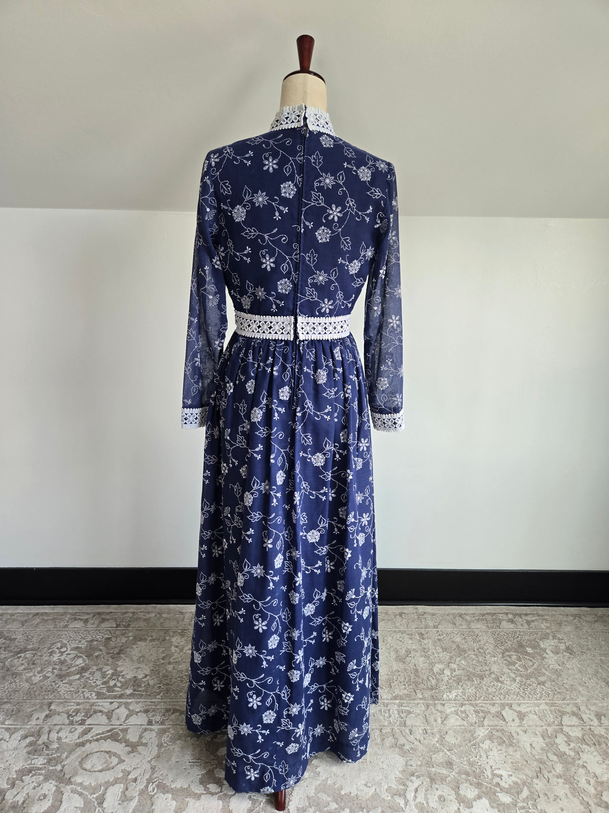 Vintage 70s Navy Blue Floral Embroirdered Maxi Dress - S/M