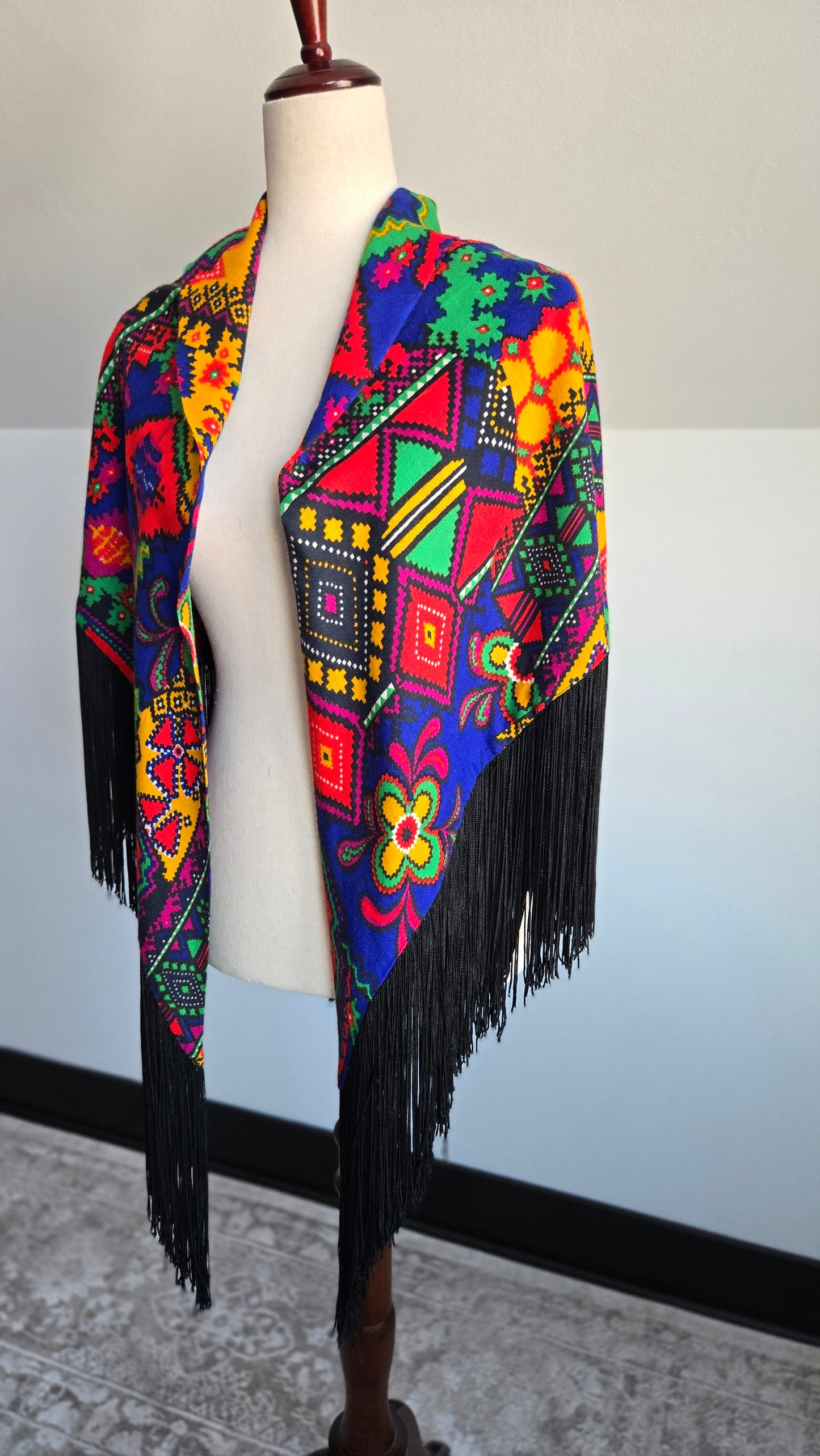 Vintage Barkcloth Dayglo Shawl with Fringe - OS