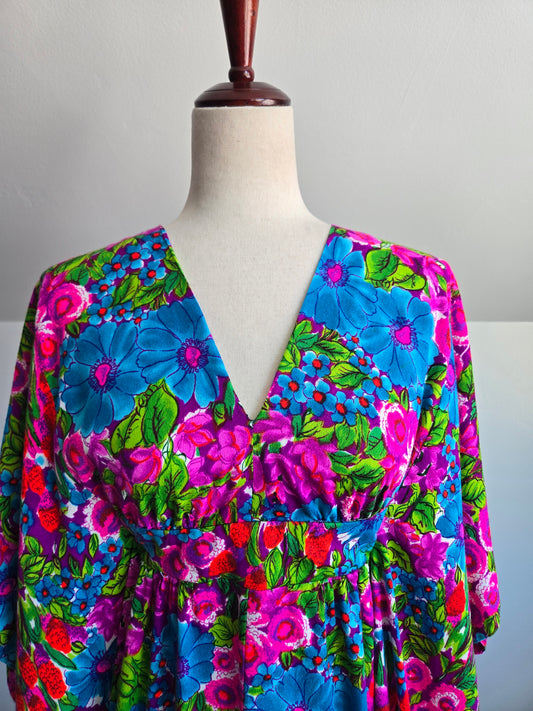 Ter-She Vintage Barkcloth Dayglo Print Floral Caftan - OS