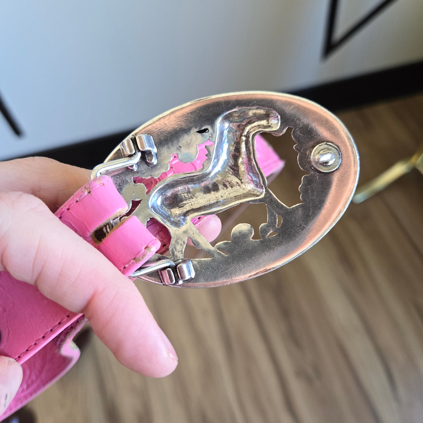 Vintage Justin Top Grain Pink Tooled Leather Belt with Horse Buckle