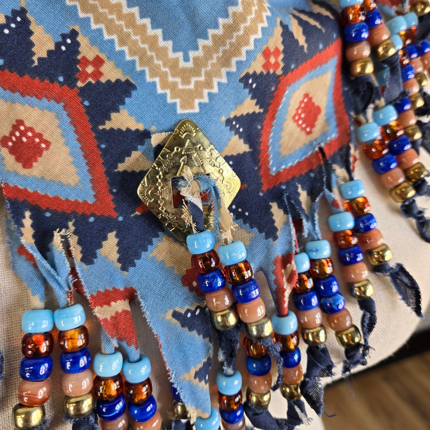 Blue Western Neck Tie Bandana with Beaded Fringe