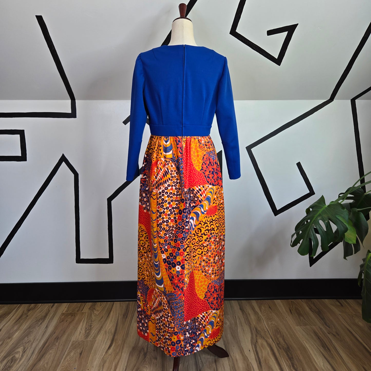 Vintage 1970s Blue Structured Top Maxi Dress with an Orange Dayglo Print Skirt