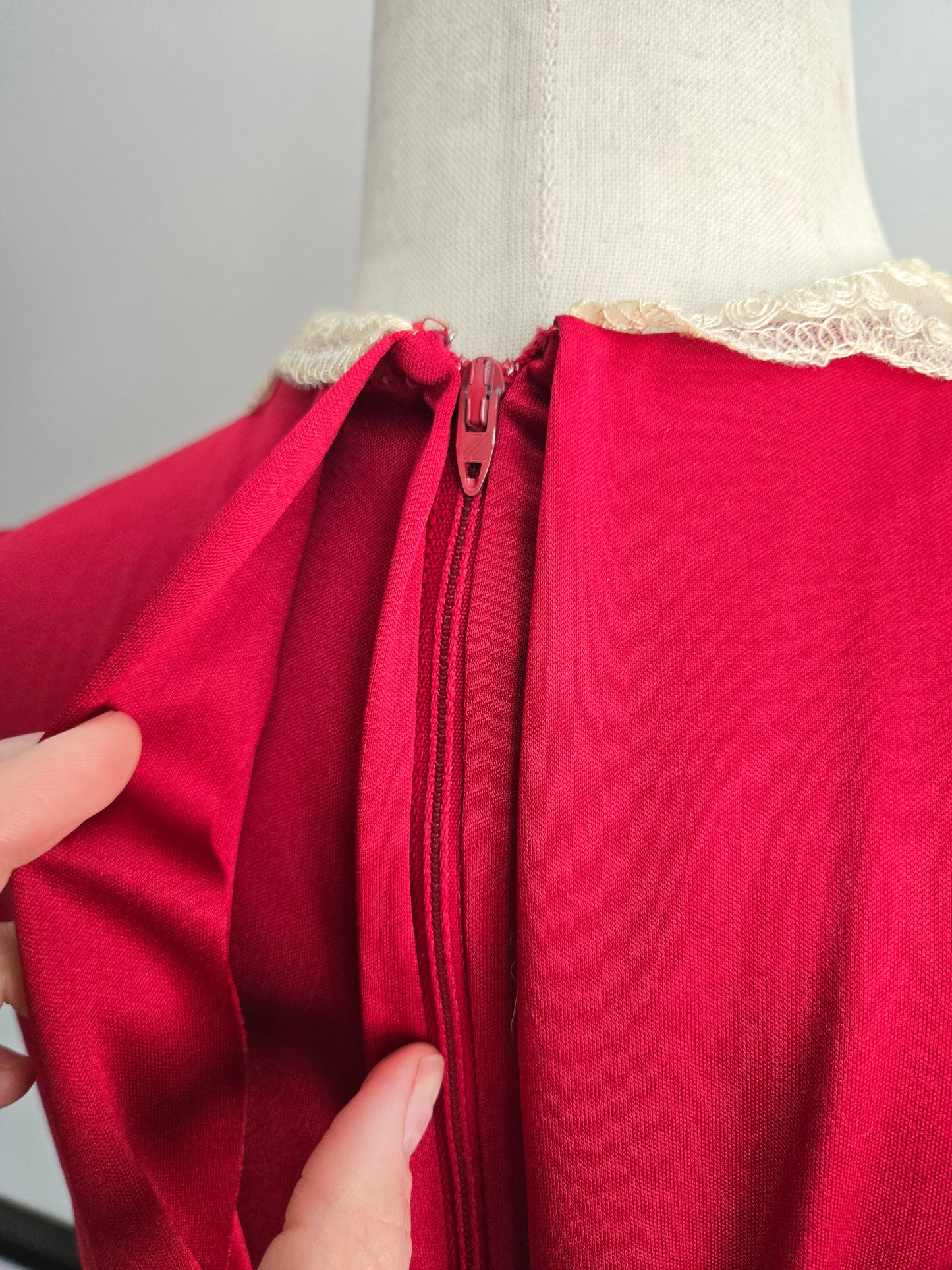 Vintage 1970s Red Slinky Maxi Dress with Shear Lace - Medium