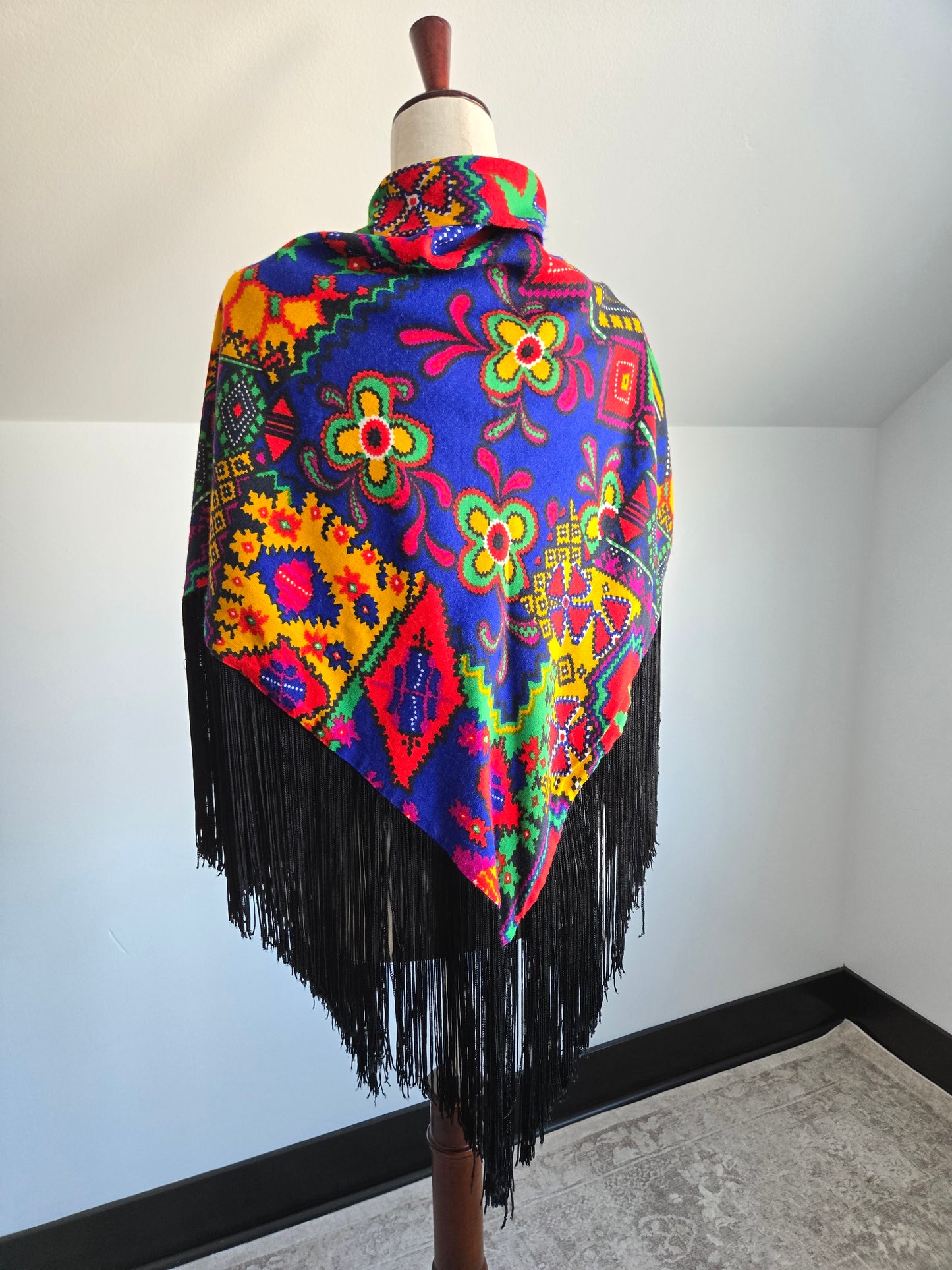 Vintage Barkcloth Dayglo Shawl with Fringe - OS