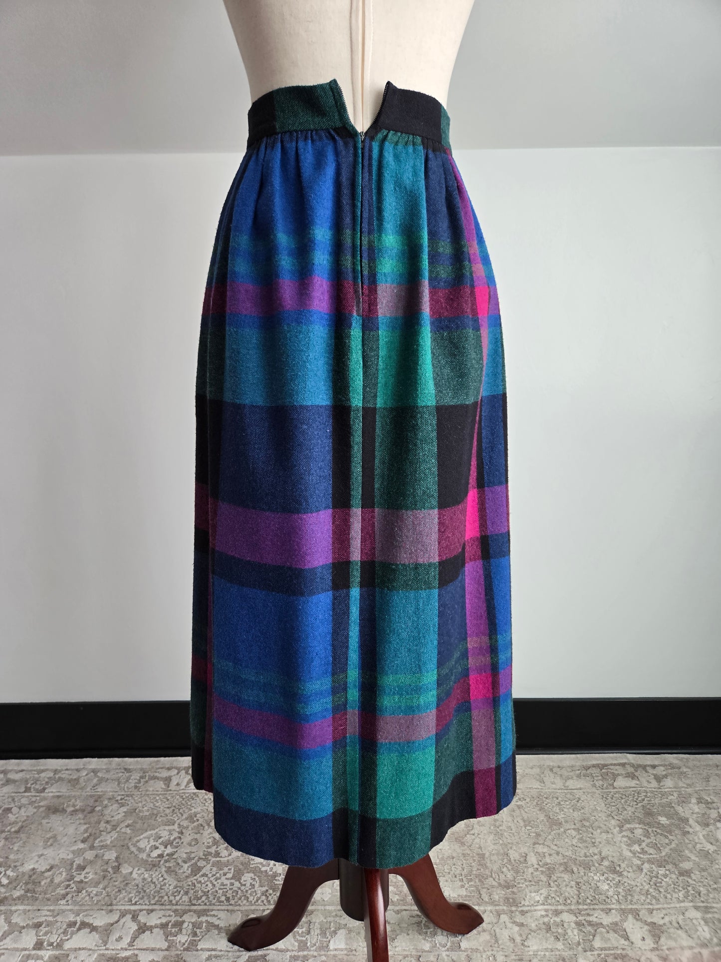 Pliers Vintage 70s Wool Colorful Plaid A-Line Skirt - W24"