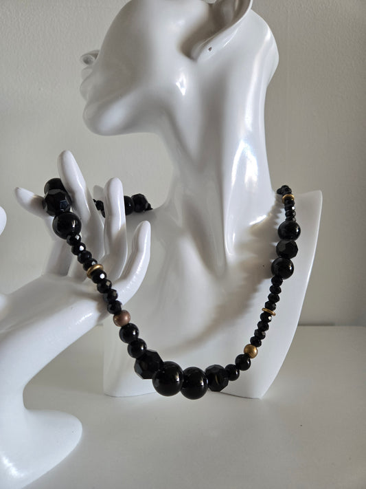 Vintage Large Black Glass Bead Necklace