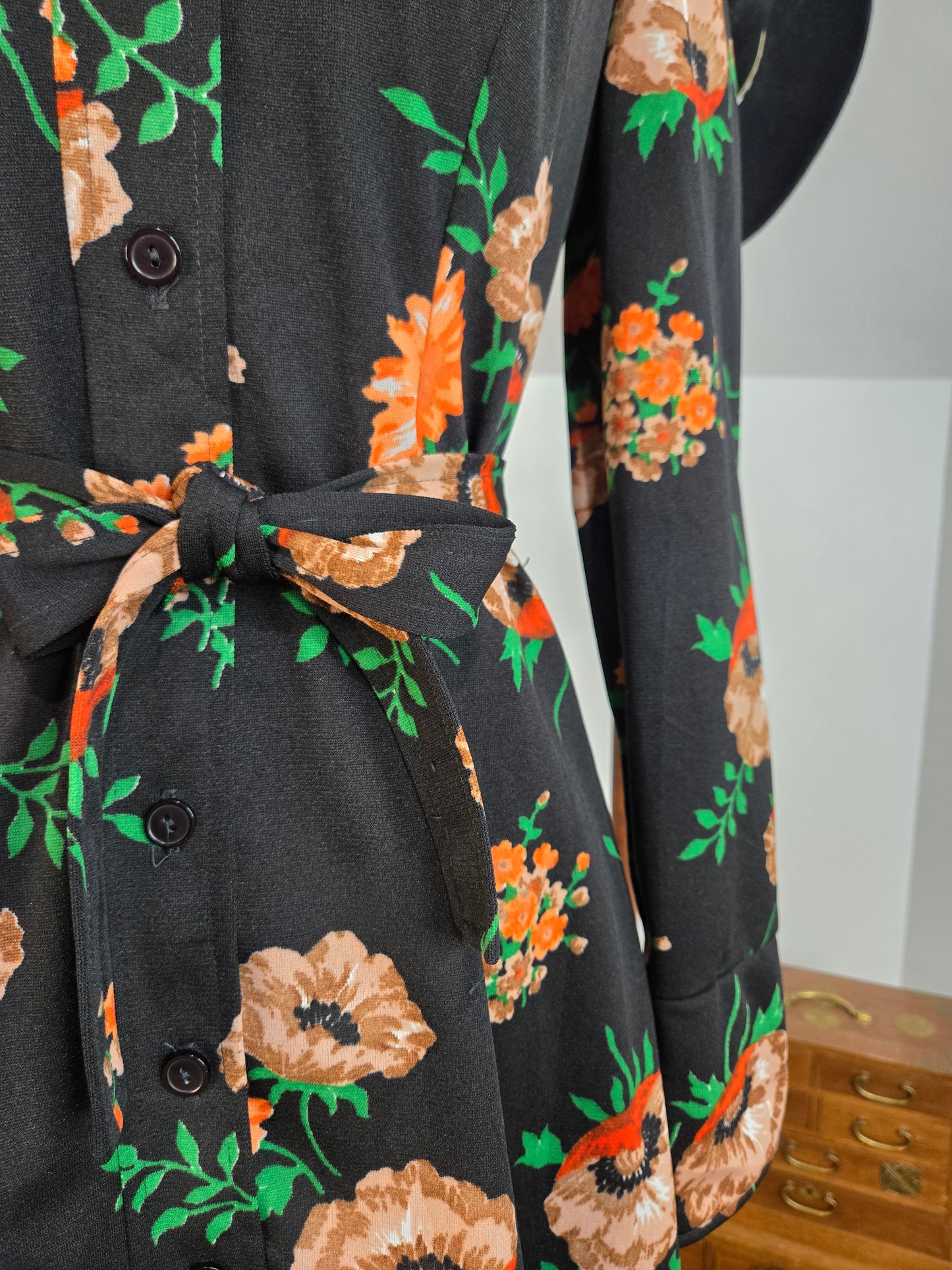 Vintage 70s Black Floral Union Made Mini Dress - medium