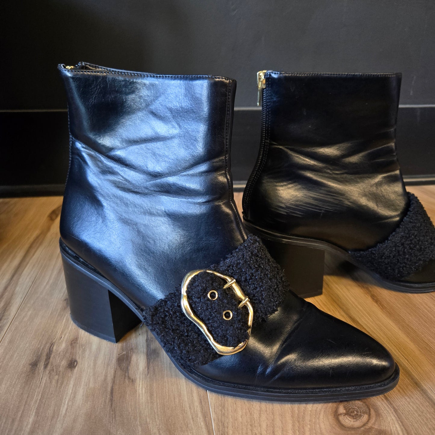 Charles and Keith Black Patent Leather Boots with Fur and Buckle - Size 9.5/10