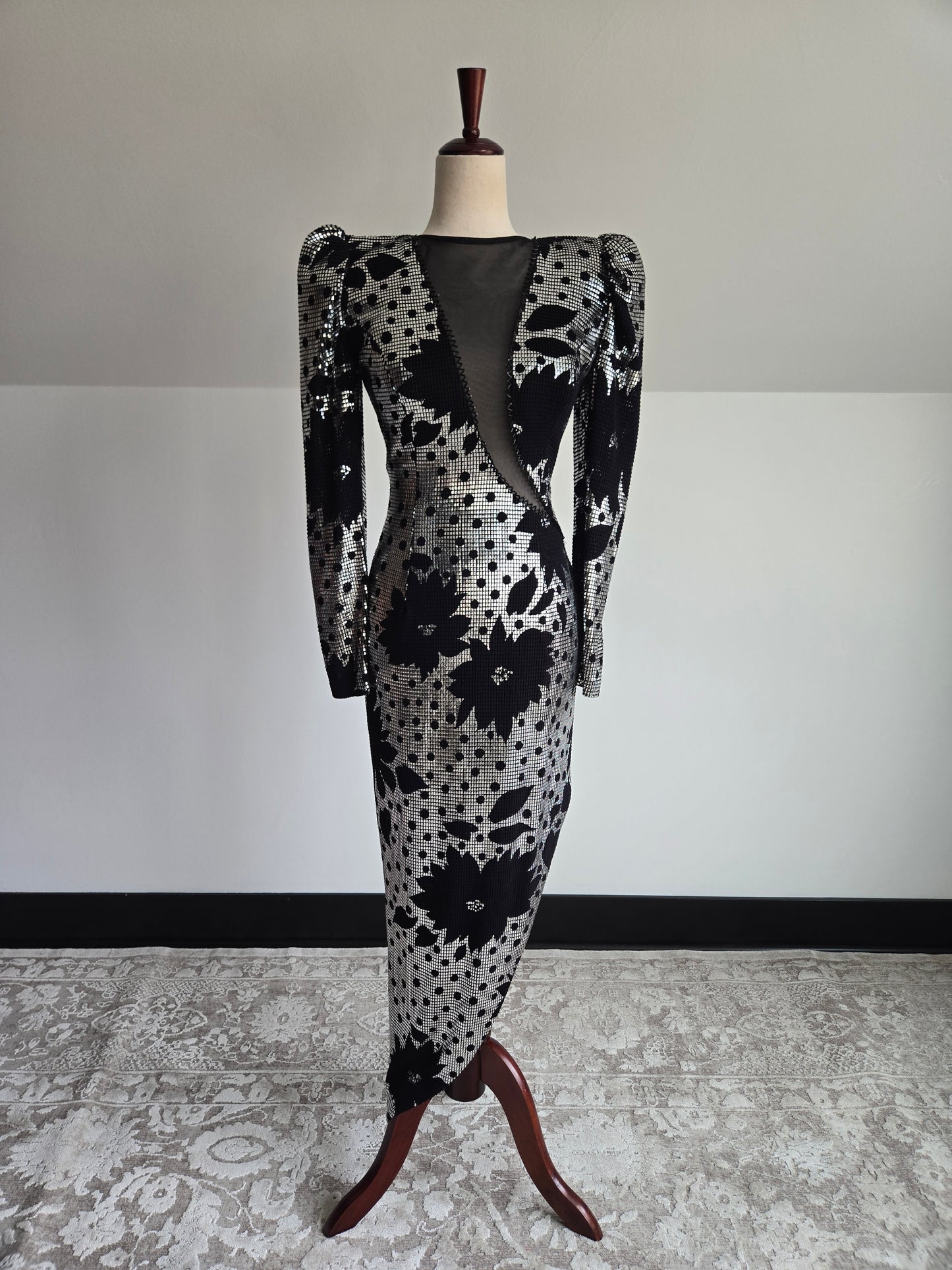 Miss Kansas Estate Black and Silver Janine Asymmetric Hem Dress Made in Italy - XS/S