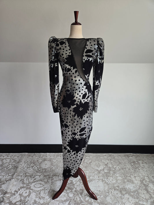 Miss Kansas Estate Black and Silver Janine Asymmetric Hem Dress Made in Italy - XS/S