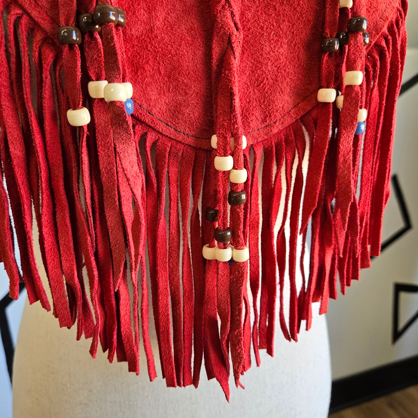 Steer Brand Red Genuine Suede Leather Fringe Cape - OS