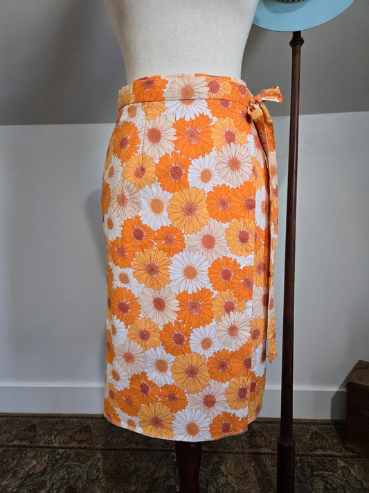 Vintage Orange Cotton Flower Power Wrap Skirt - S/M