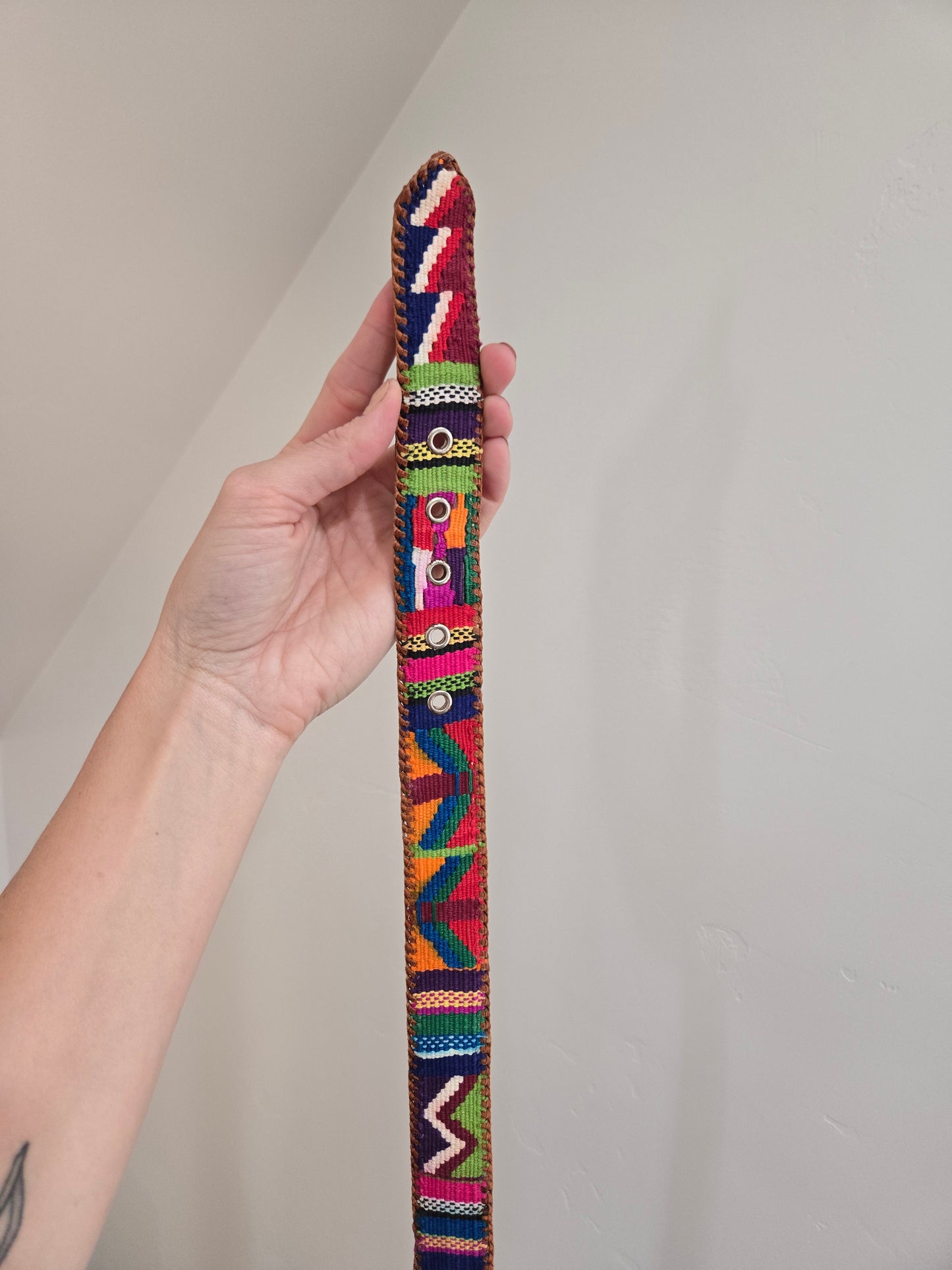 Vintage Leather and Colorful Woven Belt - W32-36"